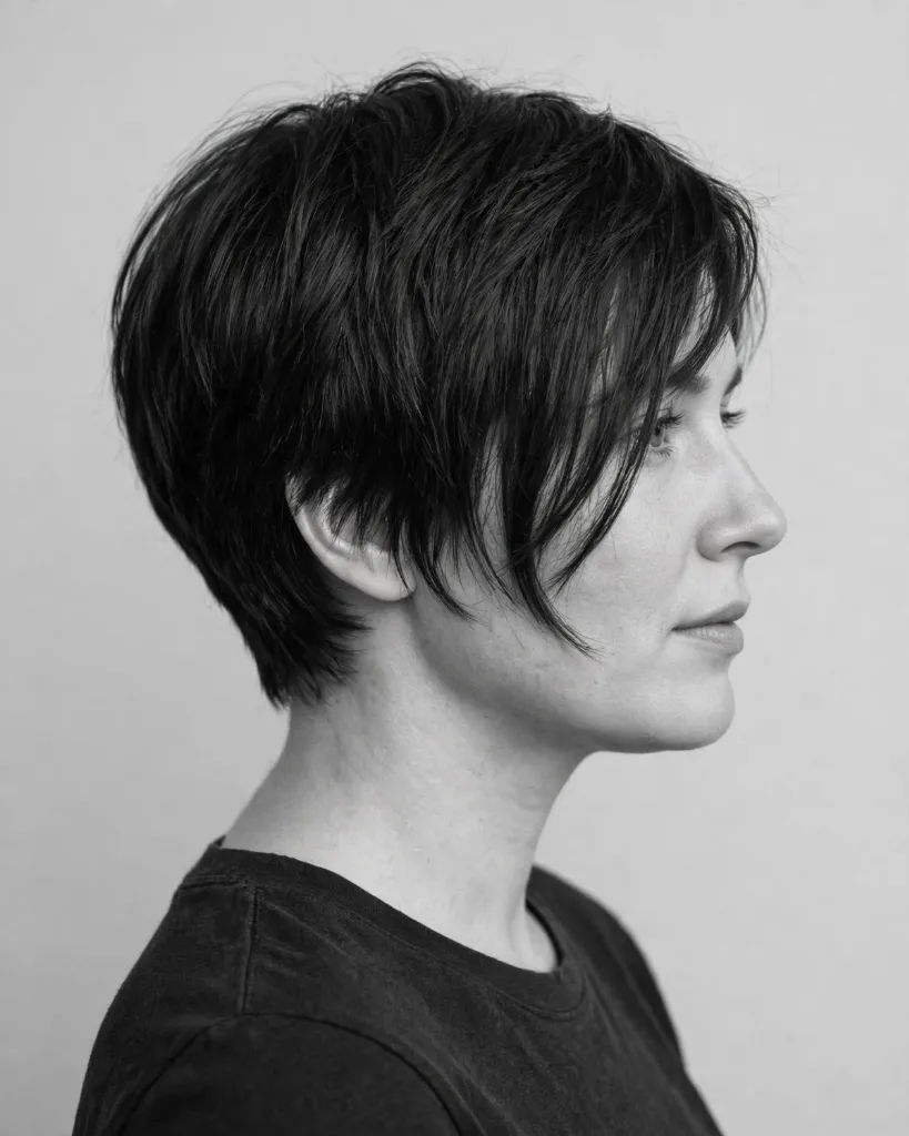 Rule: a long pixie earns its place only when the front section reaches the cheekbone; shorter than that, it behaves like a short pixie and must follow the short pixie lengths.